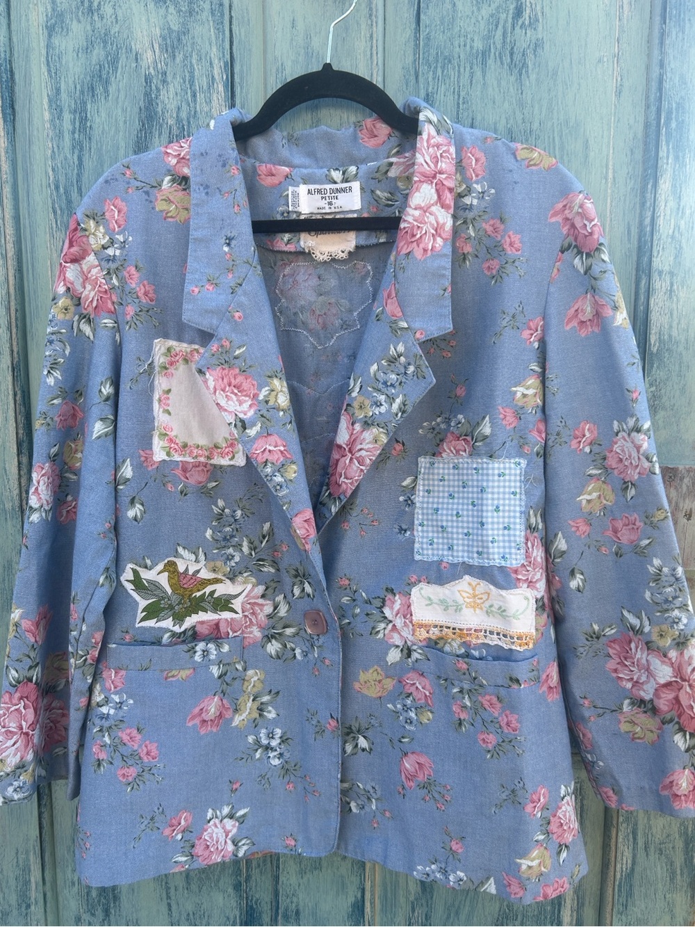 Upcycled doily bird flower & embroidered butterfly patched Alfred Dunner blazer